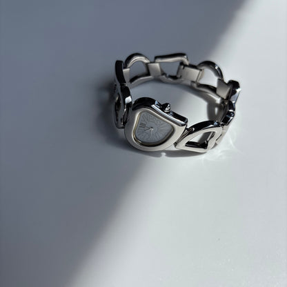Yves Saint Laurent 1990s Heart Shaped Dial Band Silver Watch