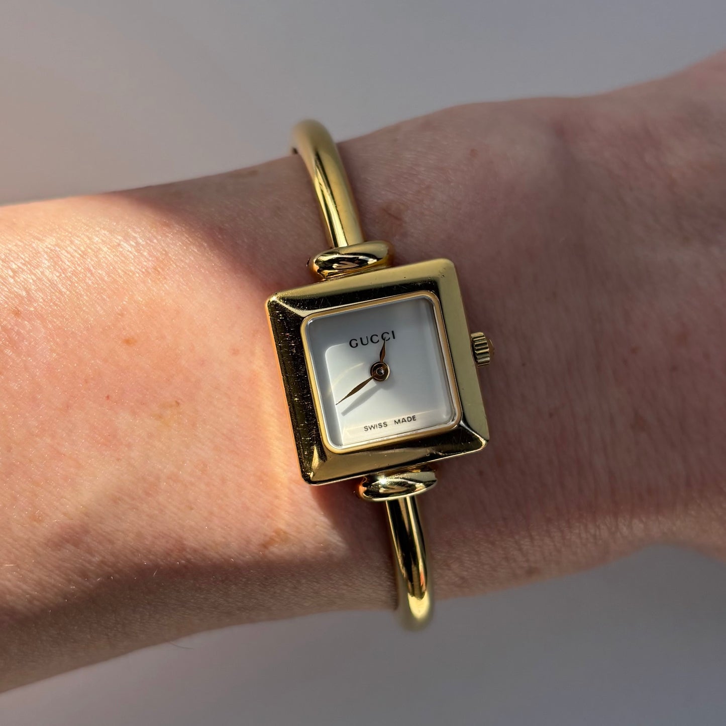 Gucci 1990s Square Dial Gold Plated Bangle Watch