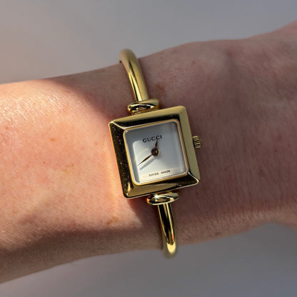 Gucci 1990s Square Dial Gold Plated Bangle Watch