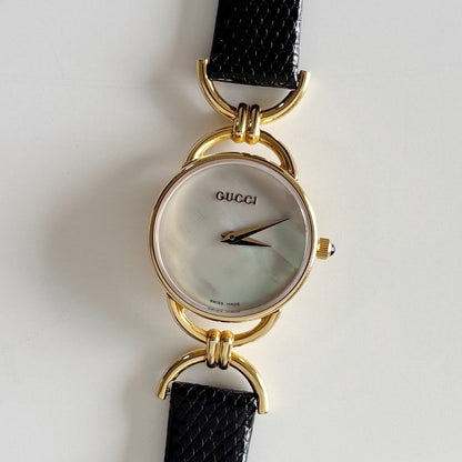 Gucci 1990s Seashell Dial Gold Plated Horsebit Watch