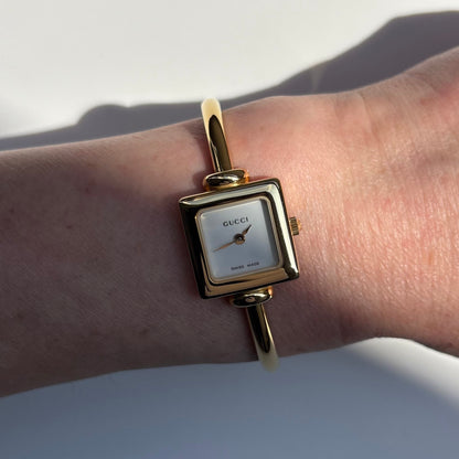 Gucci 1990s Square Dial Gold Plated Bangle Watch (Small)