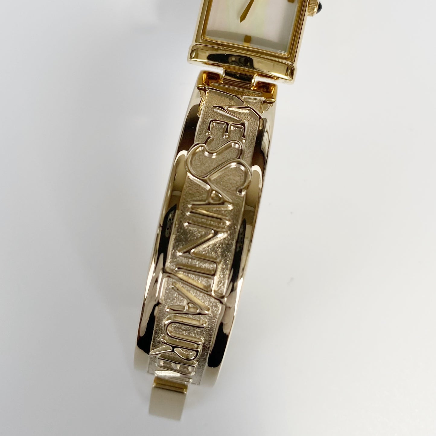 Yves Saint Laurent 1990s Seashell Dial Gold Plated Bangle Watch