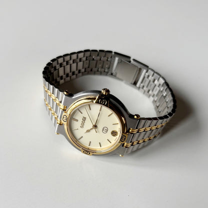Gucci 1990s Date Round Dial Gold Plated Two Tone Watch (Large)