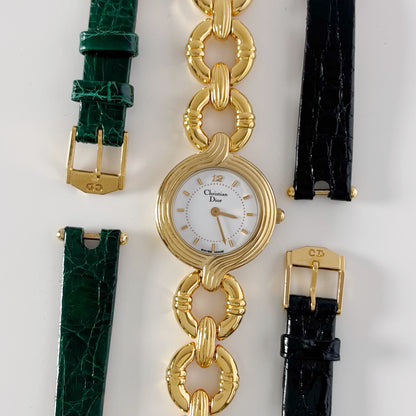 Dior 1990s Round Dial Interchangeable strap Gold Plated Watch with 3 straps, case
