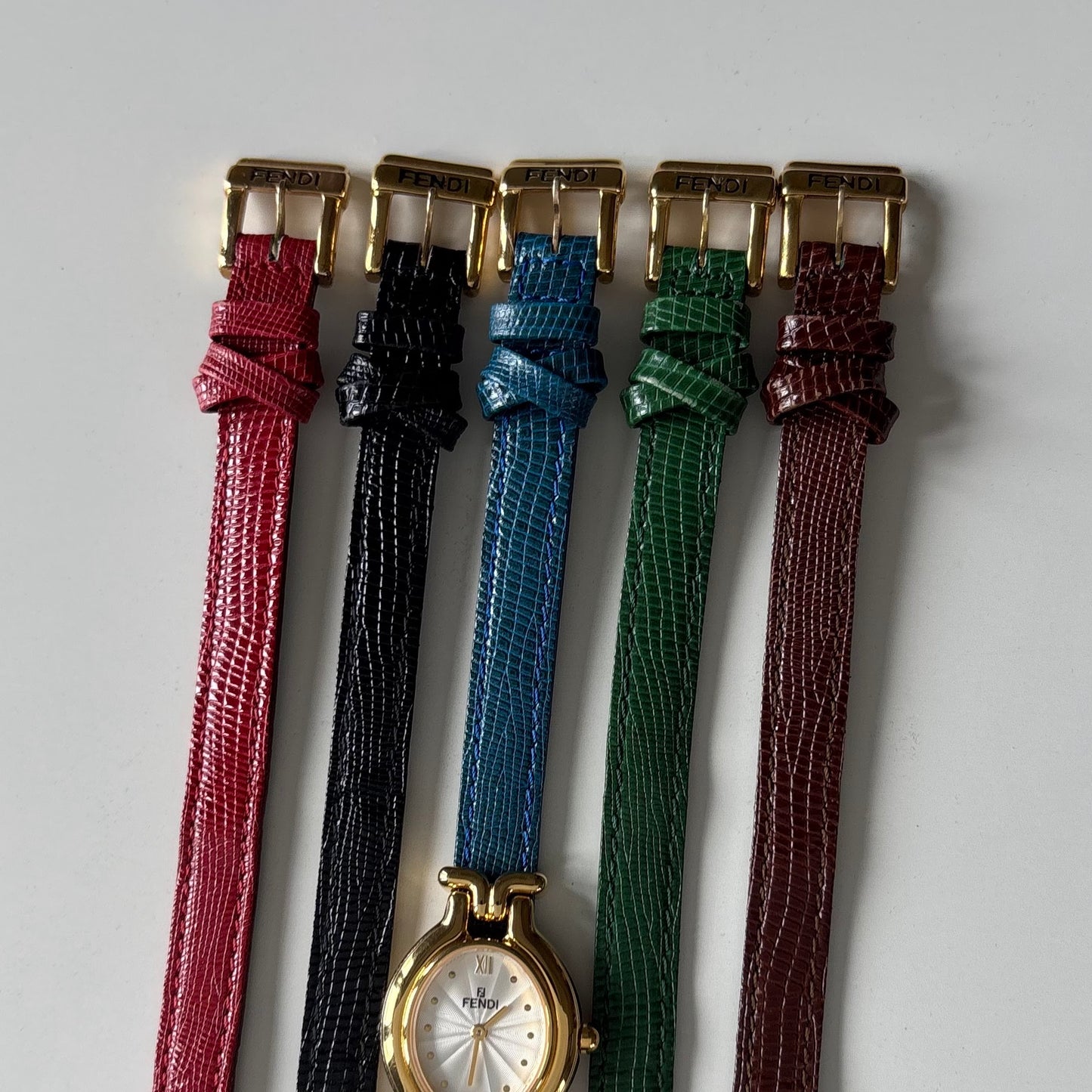 Fendi 1990s Interchangeable Strap Gold Plated Watch with 5 straps, case