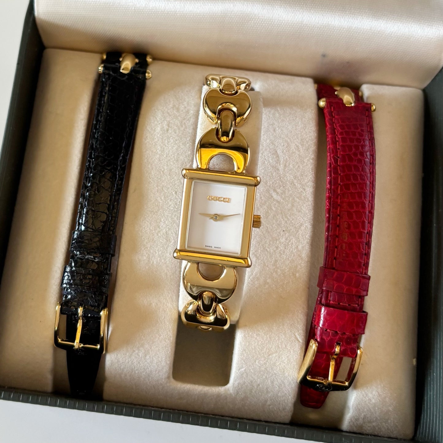 Gucci 1990s Interchangeable Belt Gold Plated Watch with 3 strap, case