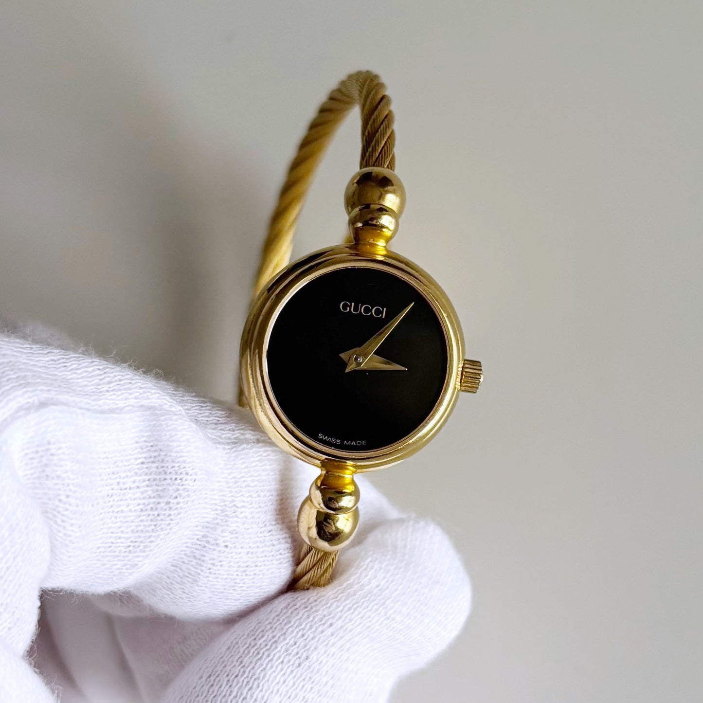 Gucci 1990s Black Dial Gold Plated Cable Bangle Watch