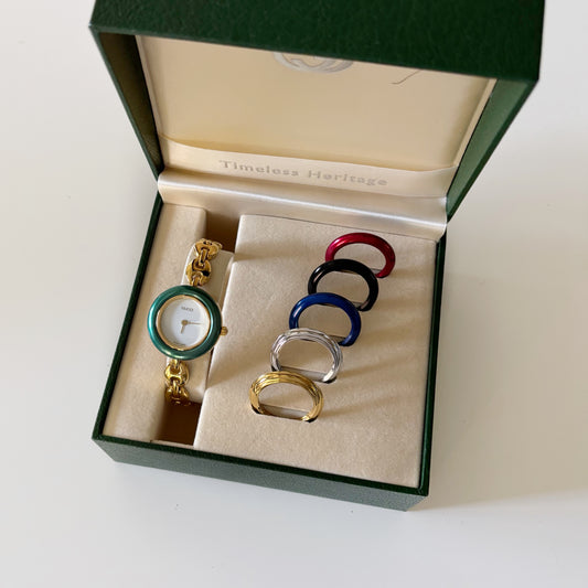 Gucci 1990s Interchangeable Bezel Gold Plated Watch with 6 bezels, case