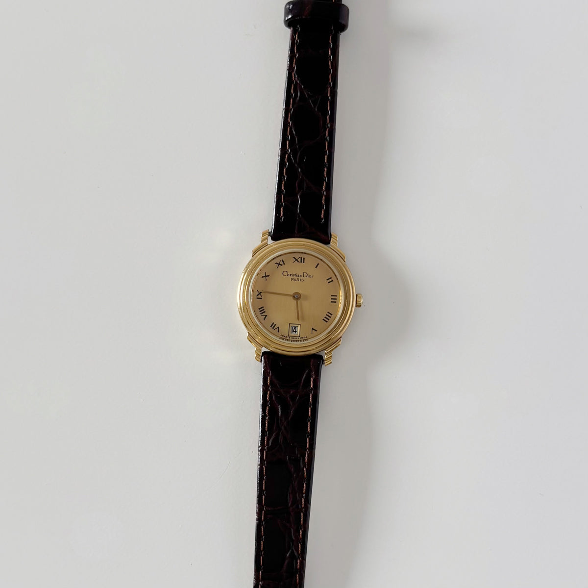 Dior 1990s Date Gold Round Dial Gold Plated Watch