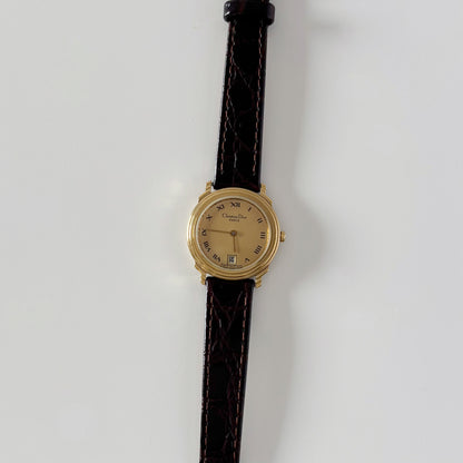 Dior 1990s Date Gold Round Dial Gold Plated Watch