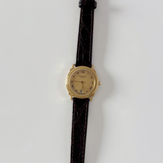 Dior 1990s Date Gold Round Dial Gold Plated Watch