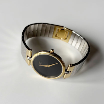 Dior 1990s Black Round Dial Two Tone Gold Plated Watch (Large)
