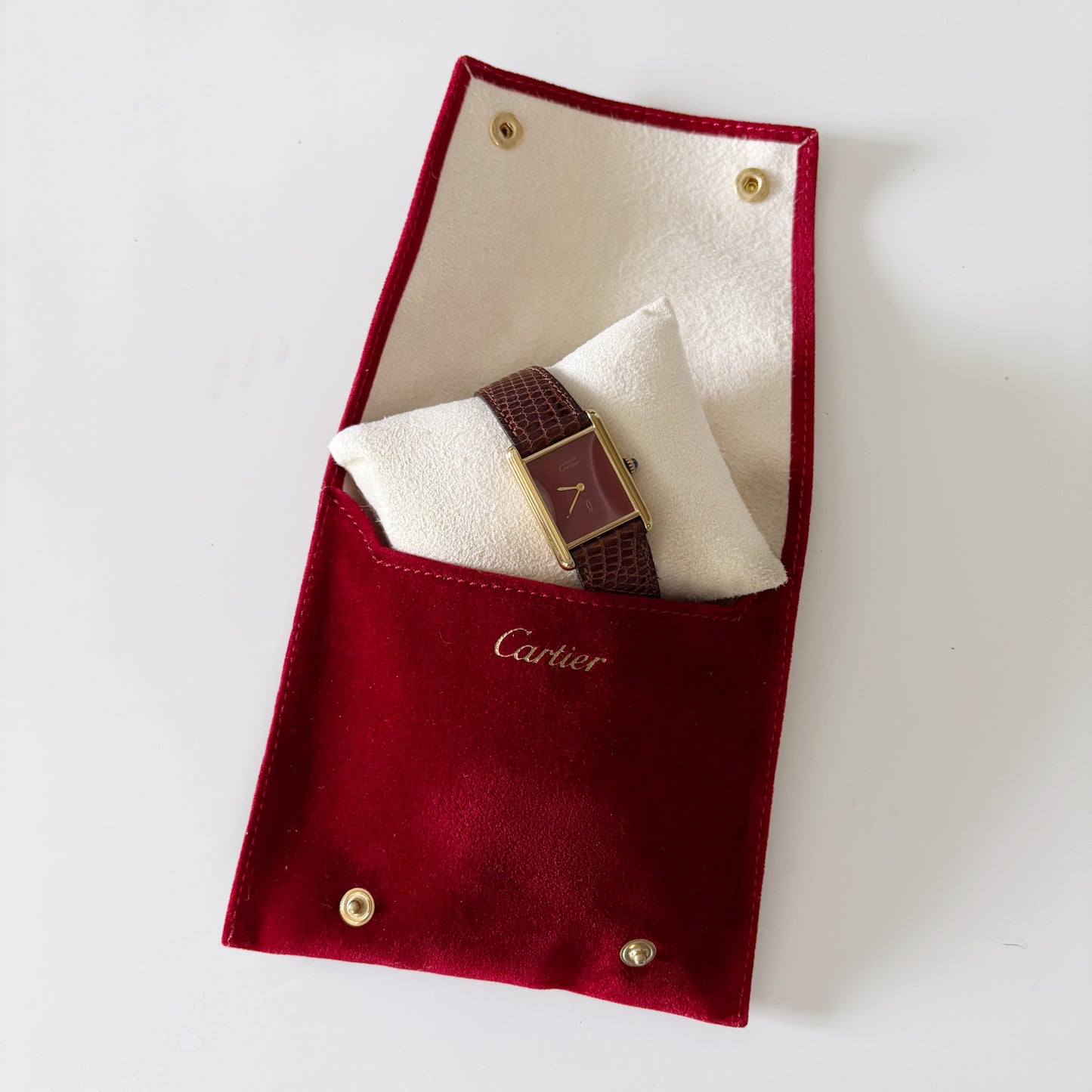 Cartier 1980s Must de Tank Burgundy Dial Manual Winding Watch (LM)