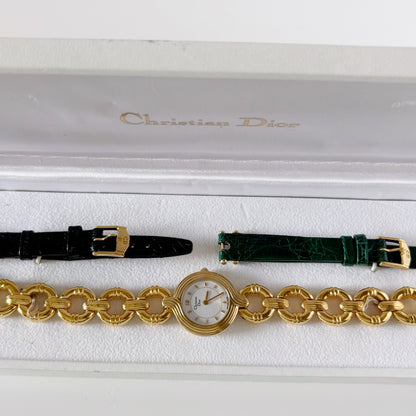 Dior 1990s Round Dial Interchangeable strap Gold Plated Watch with 3 straps, case