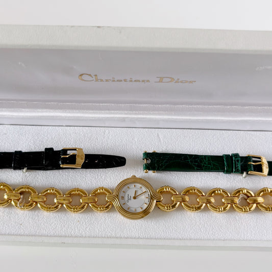 Dior 1990s Round Dial Interchangeable strap Gold Plated Watch with 3 straps, case