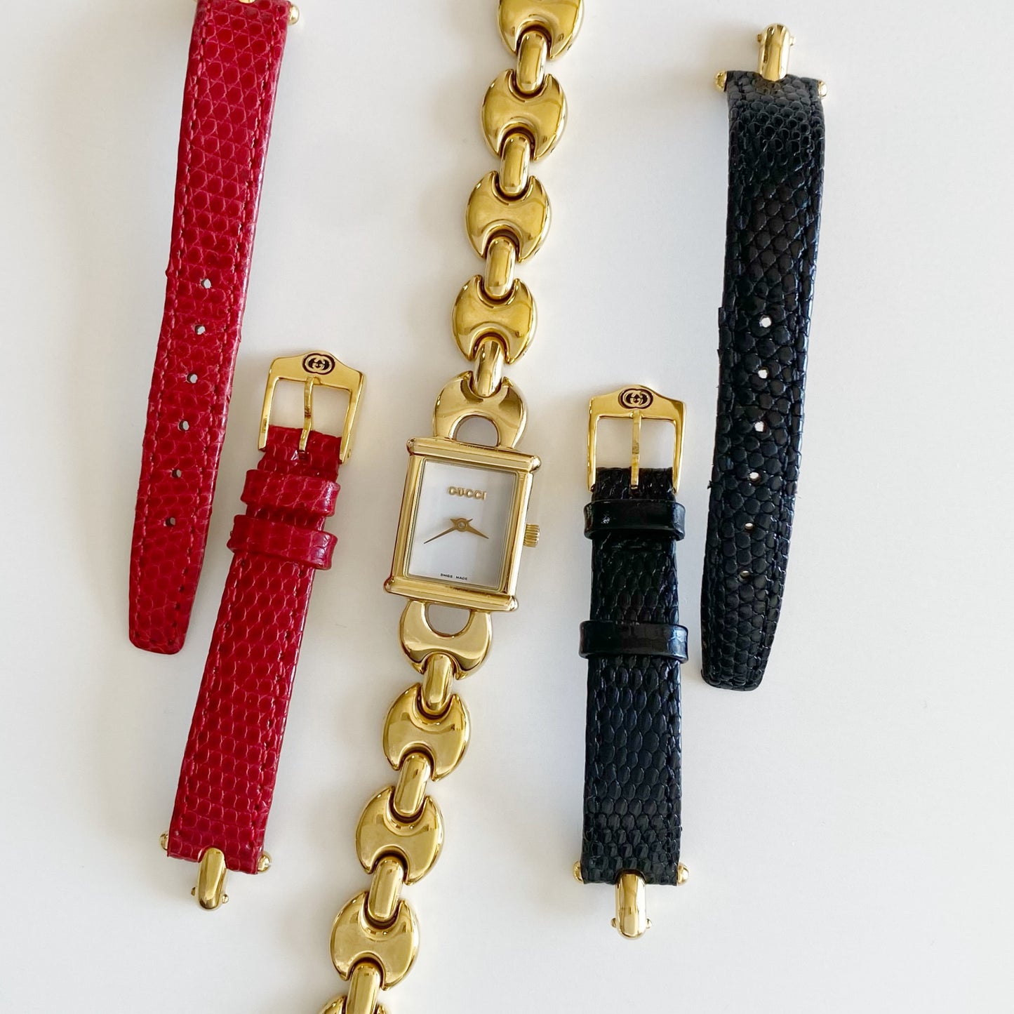 Gucci 1990s Interchangeable Belt Gold Plated Watch with 3 belts, case