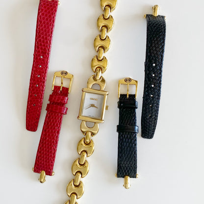 Gucci 1990s Interchangeable Belt Gold Plated Watch with 3 belts, case
