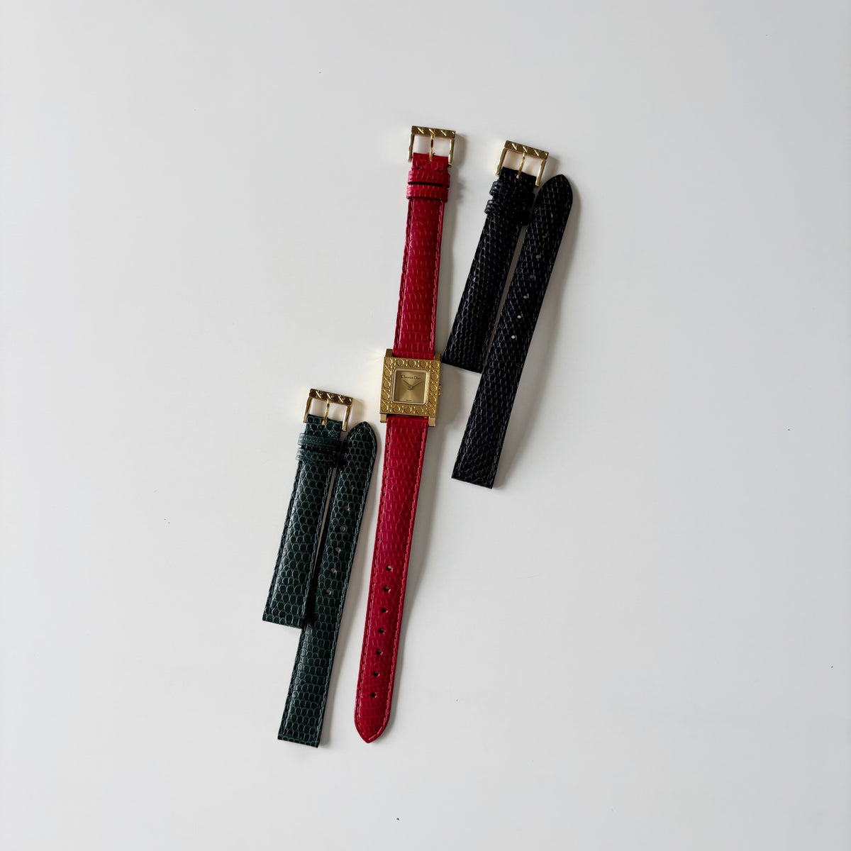 Dior 1990s Square Dial Interchangeable strap Gold Plated Watch with 3 straps, case