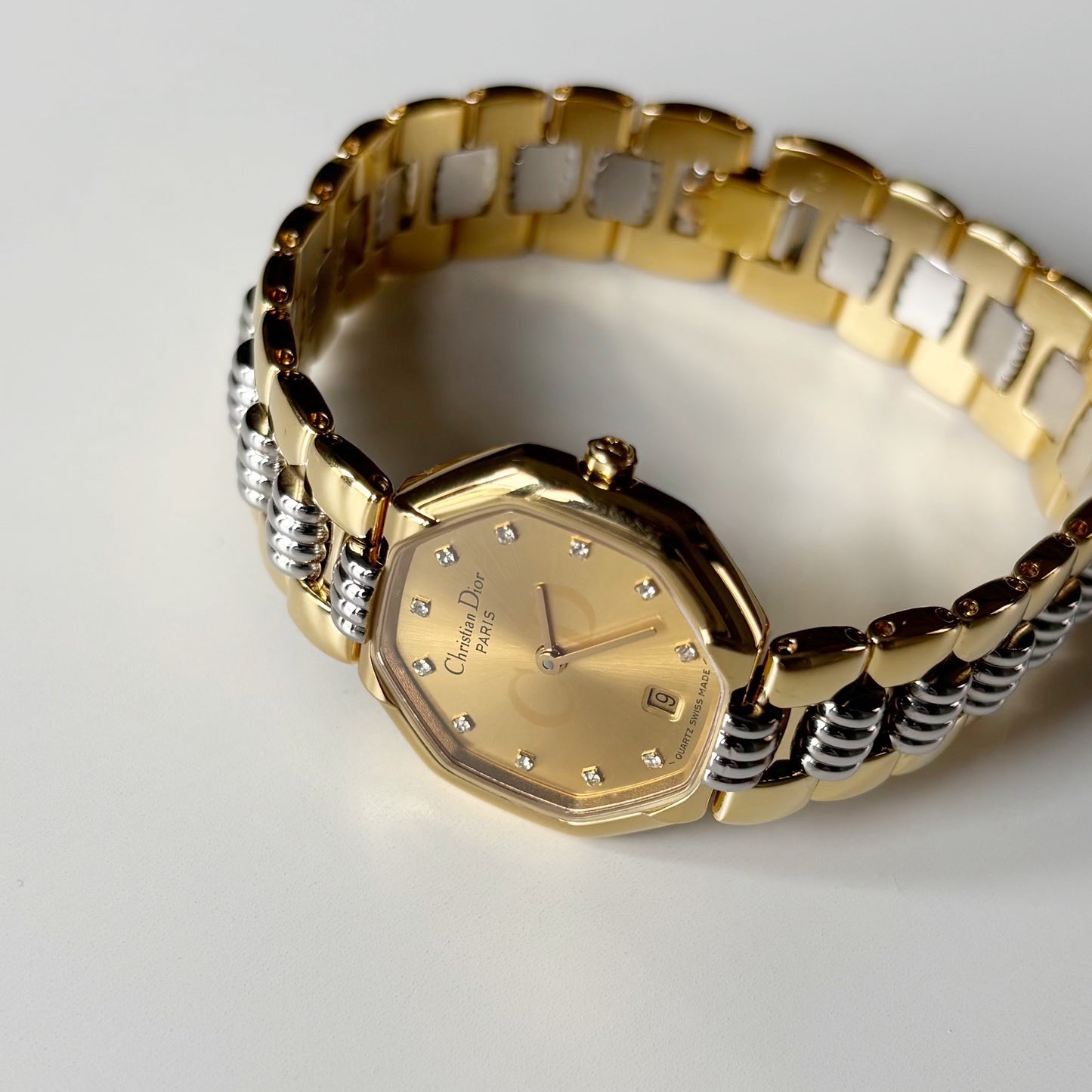 Dior 1990s Octagon Gold Plated Two Tone Watch