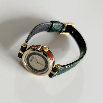 Gucci 1990s Round Dial Green Gold Plated Watch