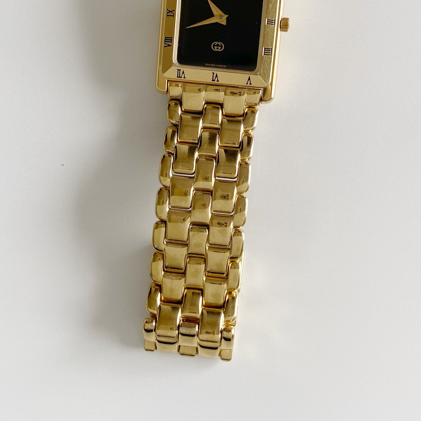 Gucci 1990s Black Dial Tank Gold Plated Watch (Large)