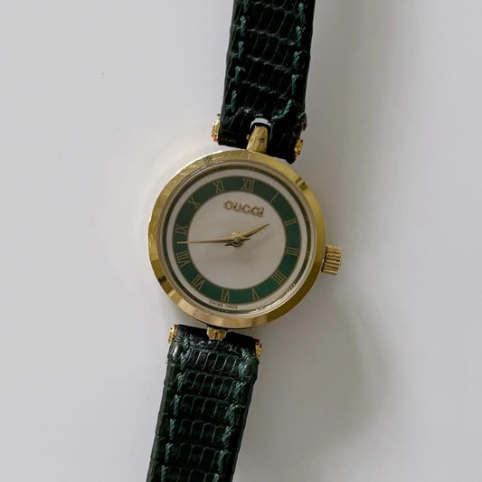 Gucci 1990s Round Green Leather Watch