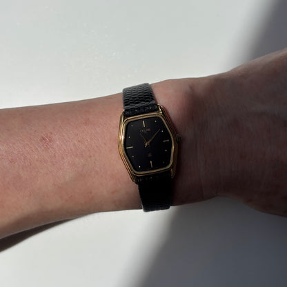 Celine 1980s Black Dial Gold Plated Watch
