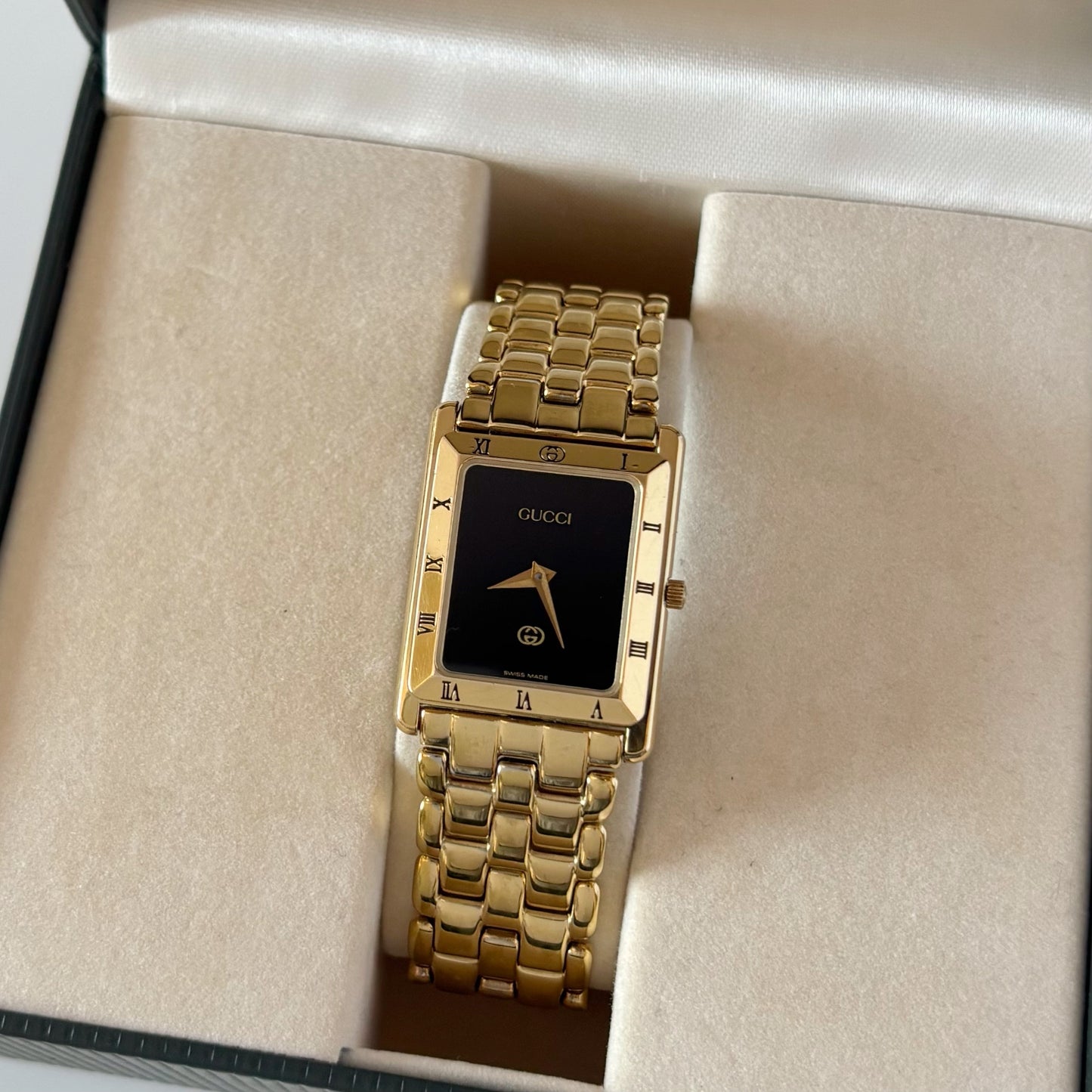 Gucci 1990s Black Dial Tank Gold Plated Watch (Large)