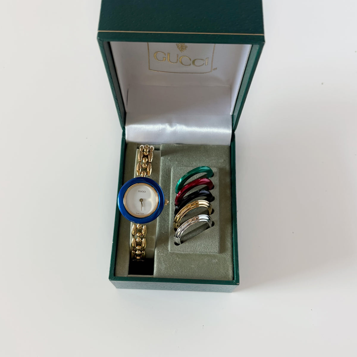 Gucci 1990s Interchangeable Bezel Gold Plated Rice Chain Watch with 6 bezels, case (170mm)