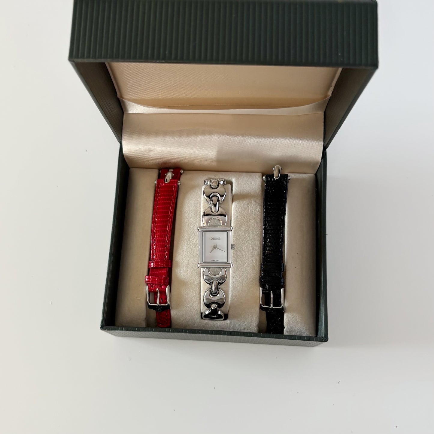 Gucci 1990s Interchangeable Strap Silver Watch with 3 straps, case