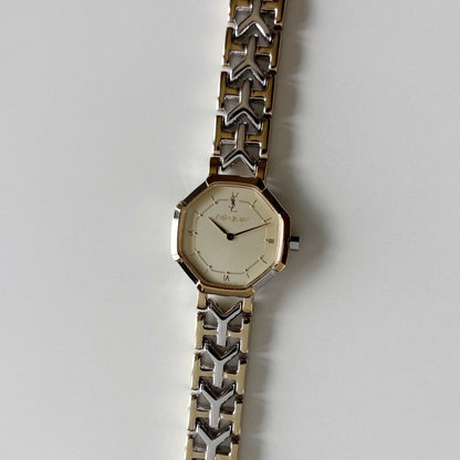 Yves Saint Laurent 1990s Octagon Gold Plated Two Tone Watch