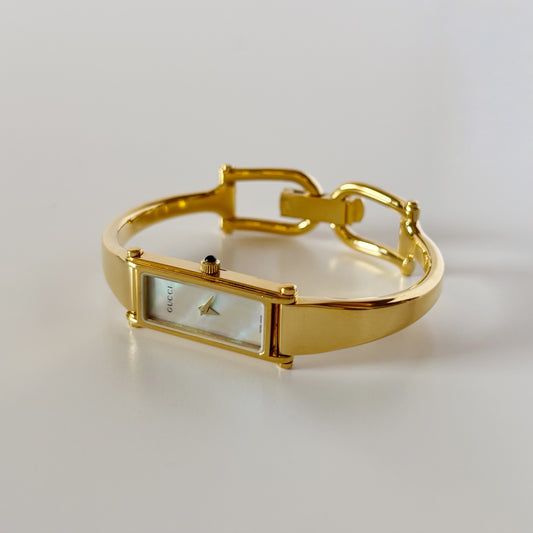 Gucci 1990s Seashell Rectangular Dial Gold Plated Bangle Watch