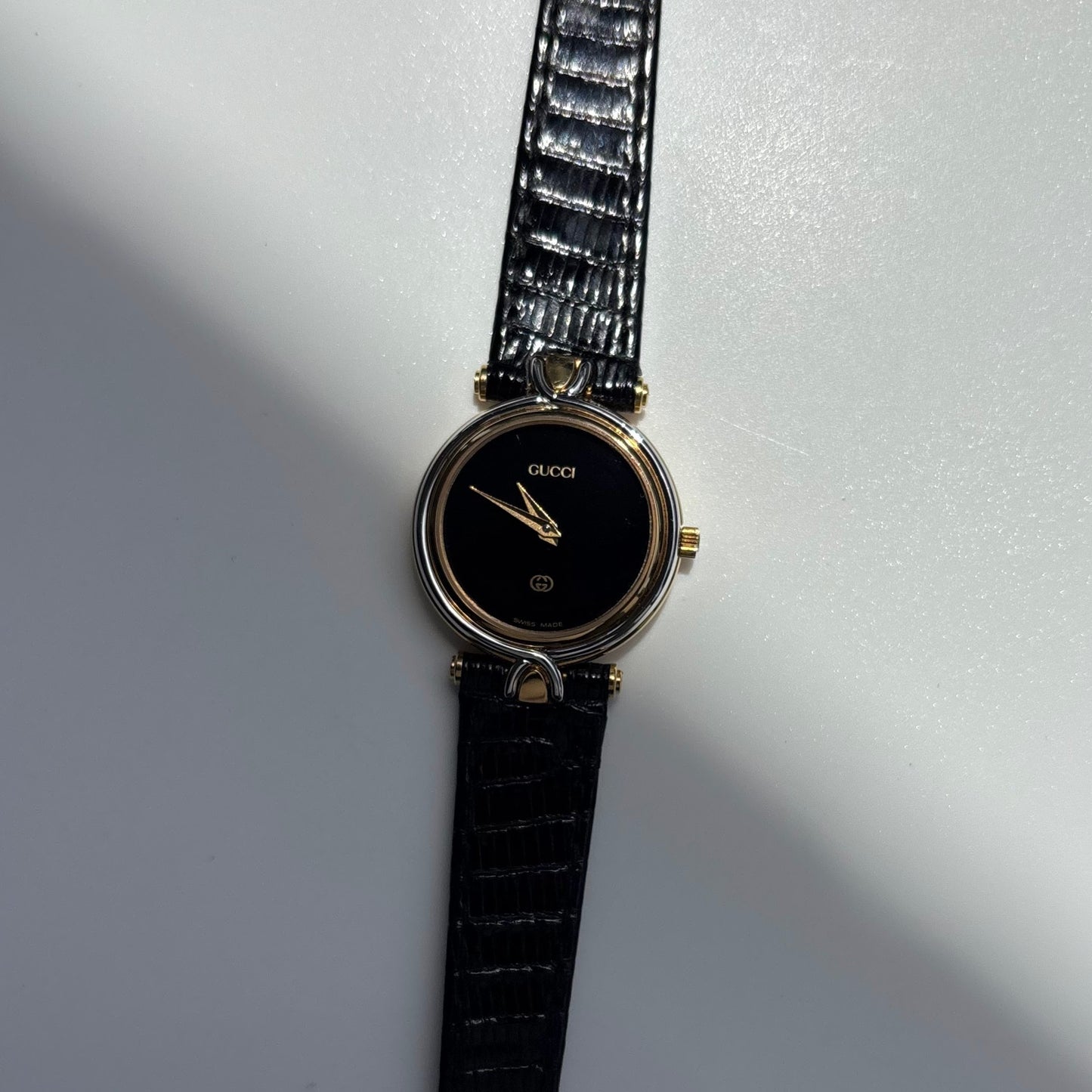 Gucci 1980s Black Round Dial Two Tone Watch