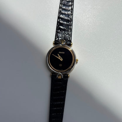 Gucci 1980s Black Round Dial Two Tone Watch