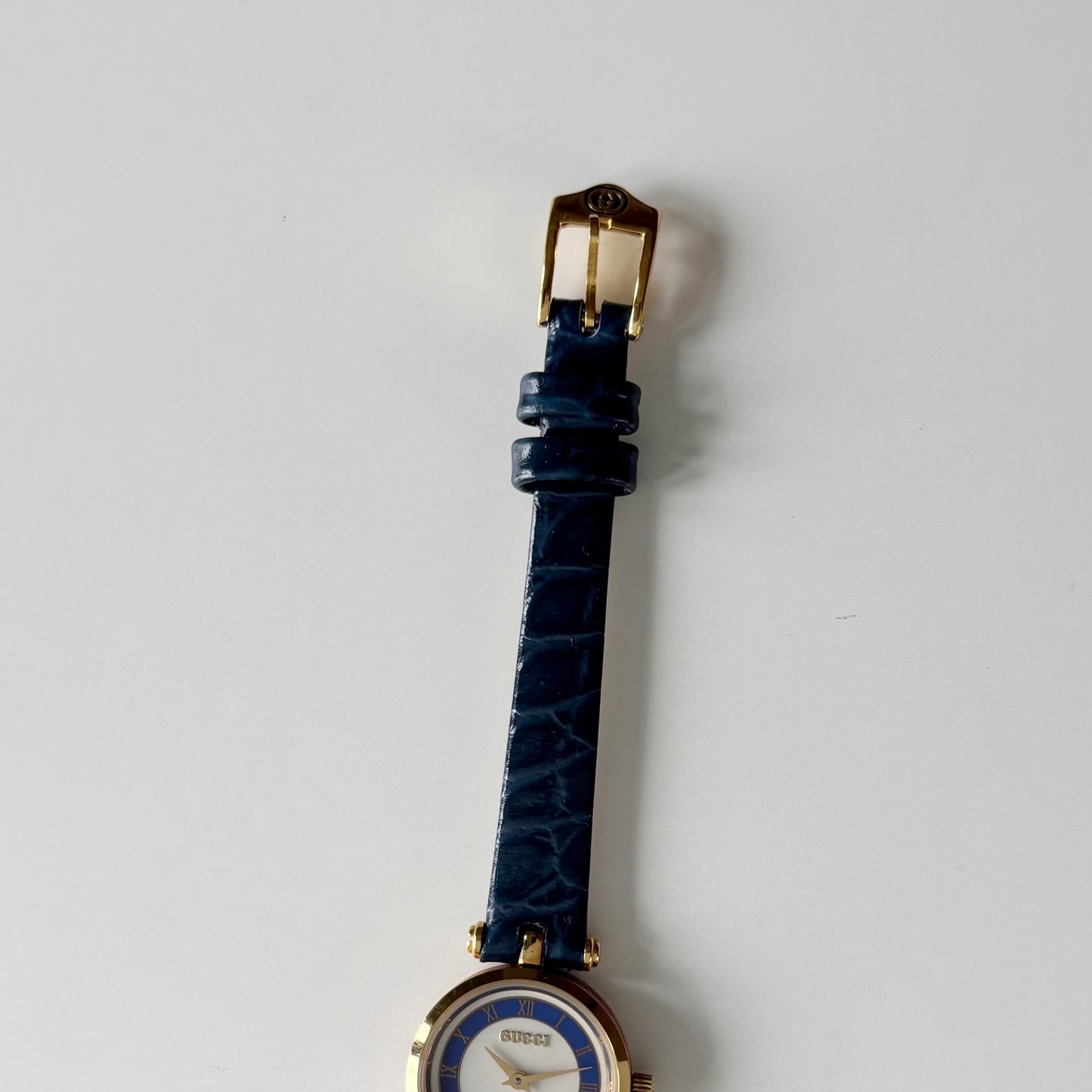 Gucci 1990s Blue Round Dial Gold Plated Watch