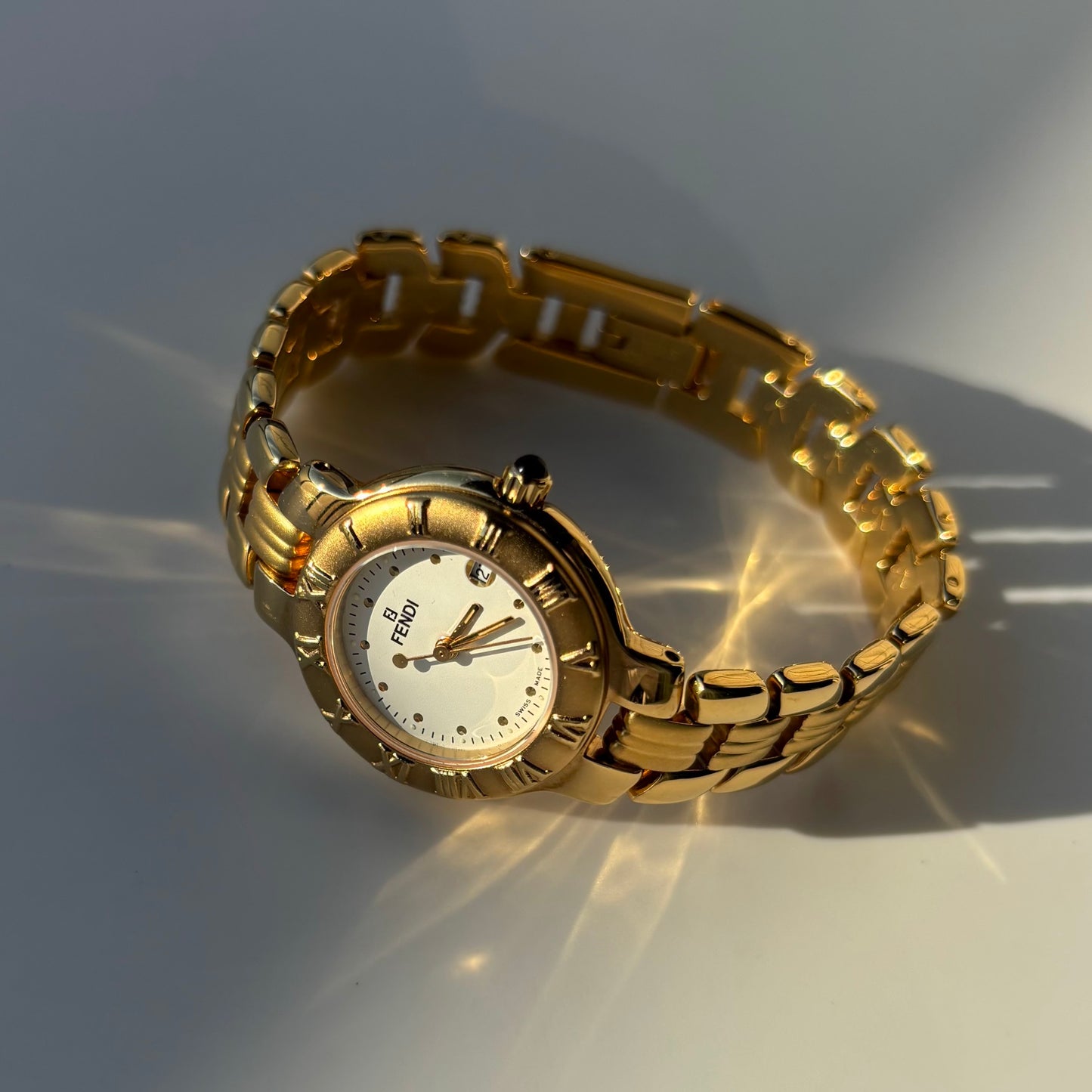 Fendi 1990s Round Dial Date Gold Plated Watch
