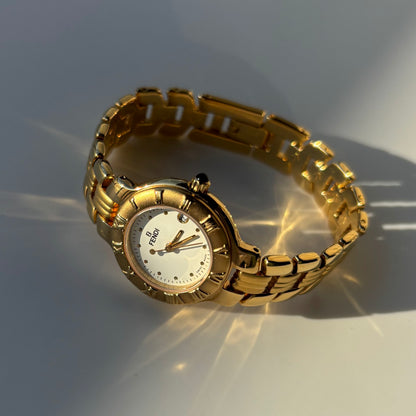 Fendi 1990s Round Dial Date Gold Plated Watch