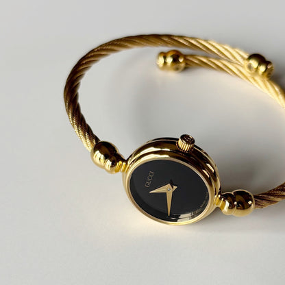Gucci 1990s Black Dial Gold Plated Cable Bangle Watch