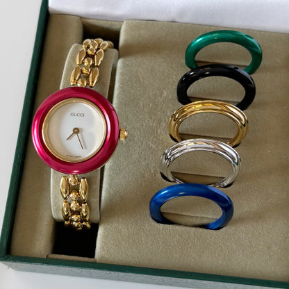 Gucci 1990s Interchangeable Bezel Gold Plated Rice Chain Watch with case, 6 bezels (160mm)