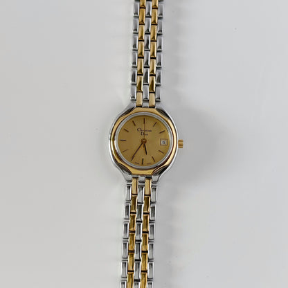 Dior 1990s Date Round Dial Two Tone Gold Plated Watch