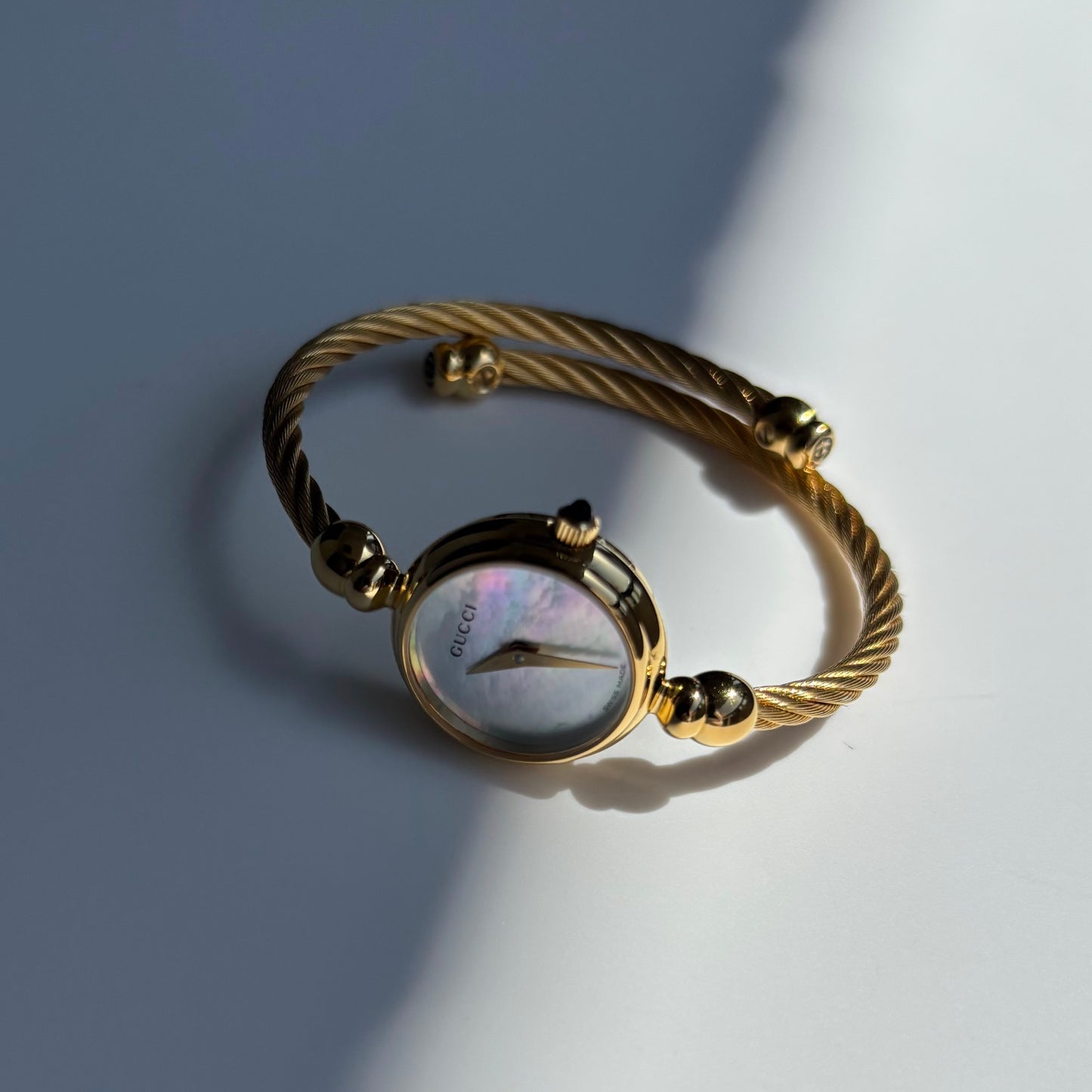 Gucci 1990s Seashell Dial Gold Plated Cable Bangle Watch