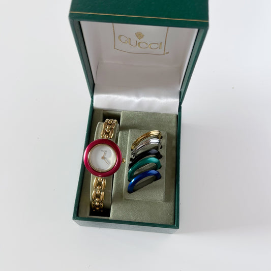 Gucci 1990s Interchangeable Bezel Gold Plated Watch with 6 bezels, case (160mm)