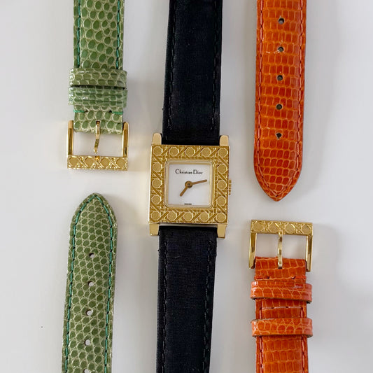 Dior 1990s La Parisienne Interchangeable Strap Gold Plated Watch with 3 straps