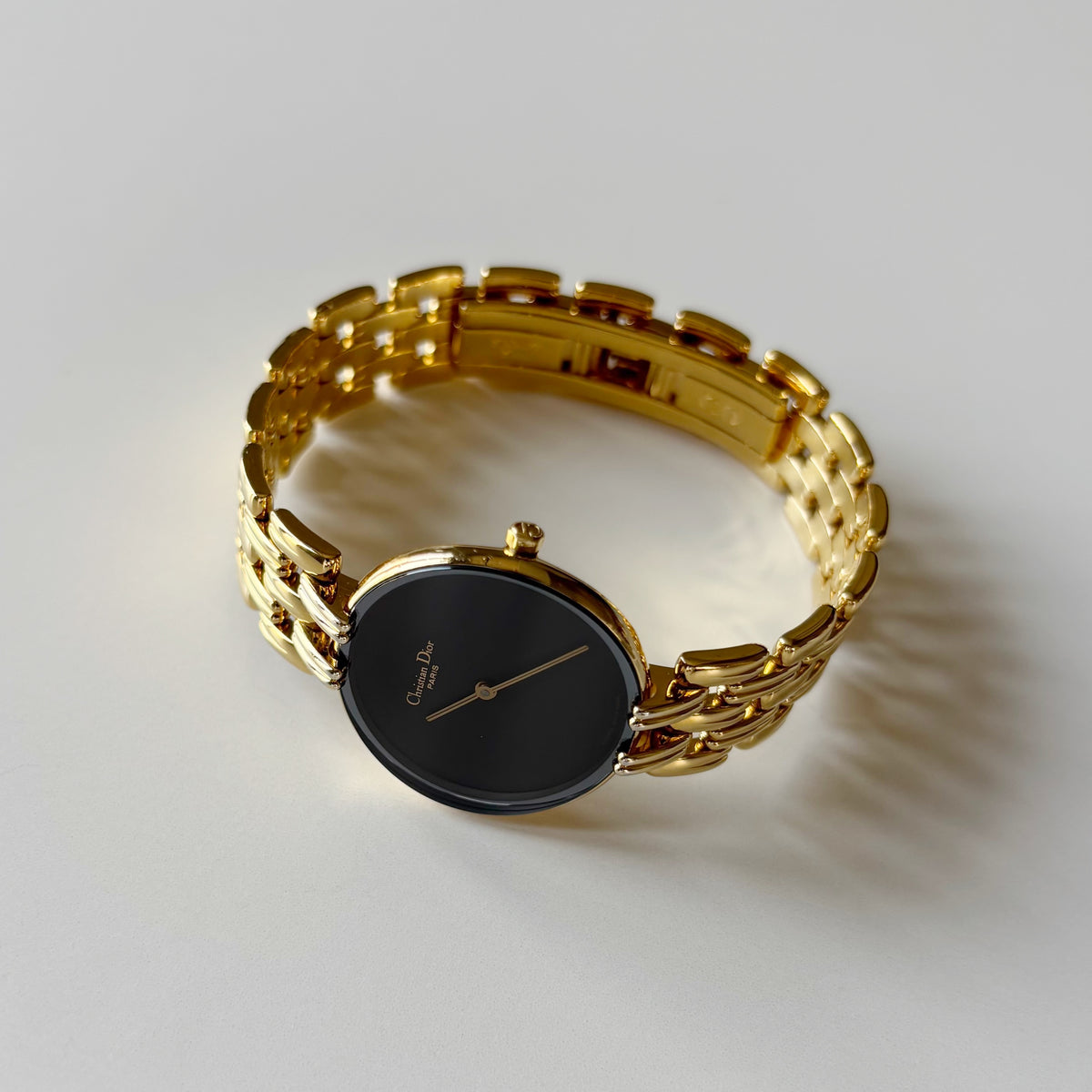 Dior 1990s Bagheera Round Black Dial Gold Plated Watch