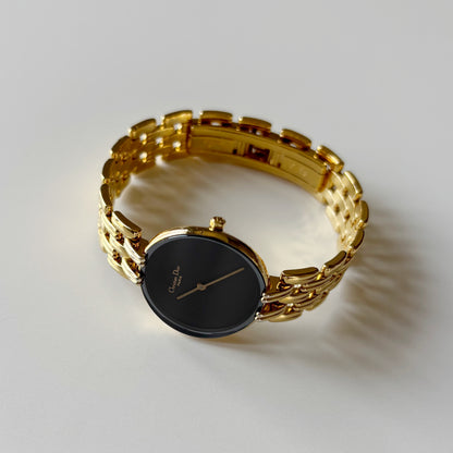 Dior 1990s Bagheera Round Black Dial Gold Plated Watch