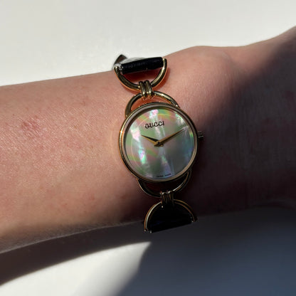 Gucci 1990s Seashell Dial Horsebit Gold Plated Watch