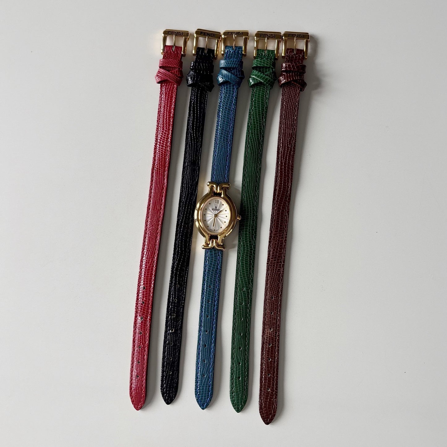 Fendi 1990s Interchangeable Strap Gold Plated Watch with 5 straps, case