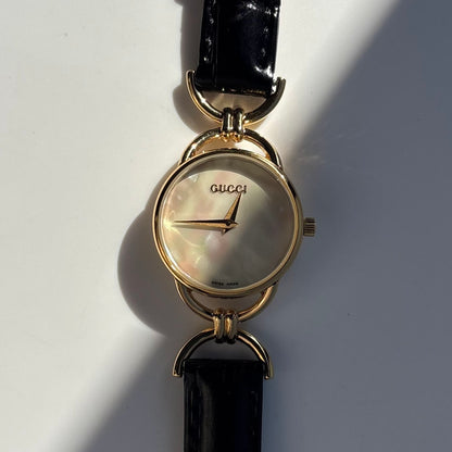 Gucci 1990s Seashell Dial Gold Plate Horsebit Watch