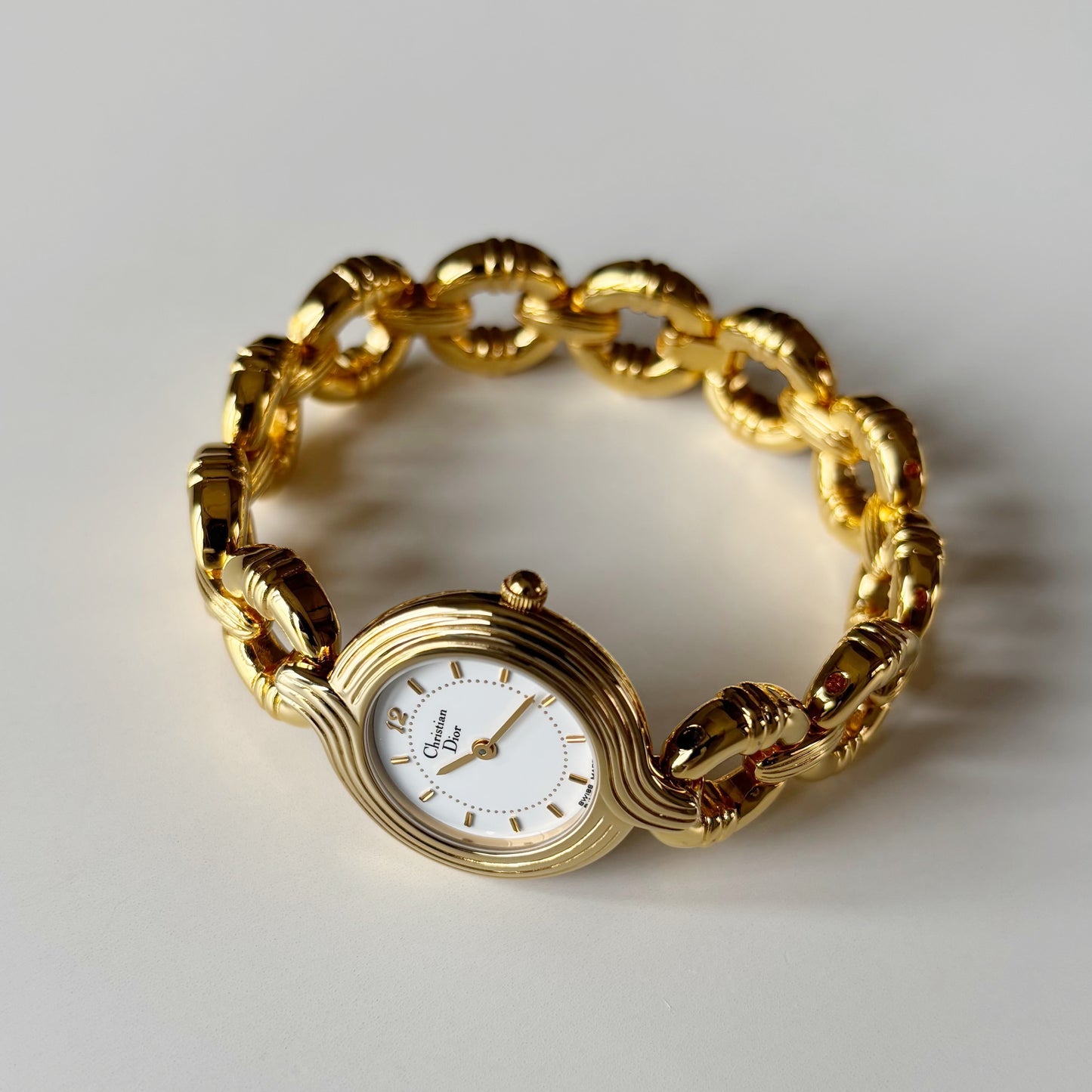 Dior 1990s Round Dial Interchangeable strap Gold Plated Watch with 3 straps, case