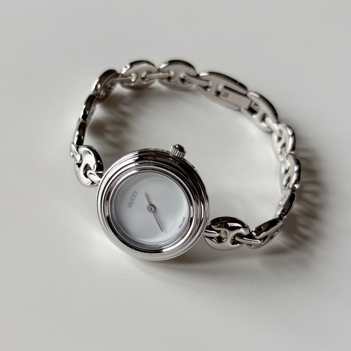 Gucci 1990s Interchangeable Bezel Silver Stainless Steel Watch with 6 bezels, case (165mm)